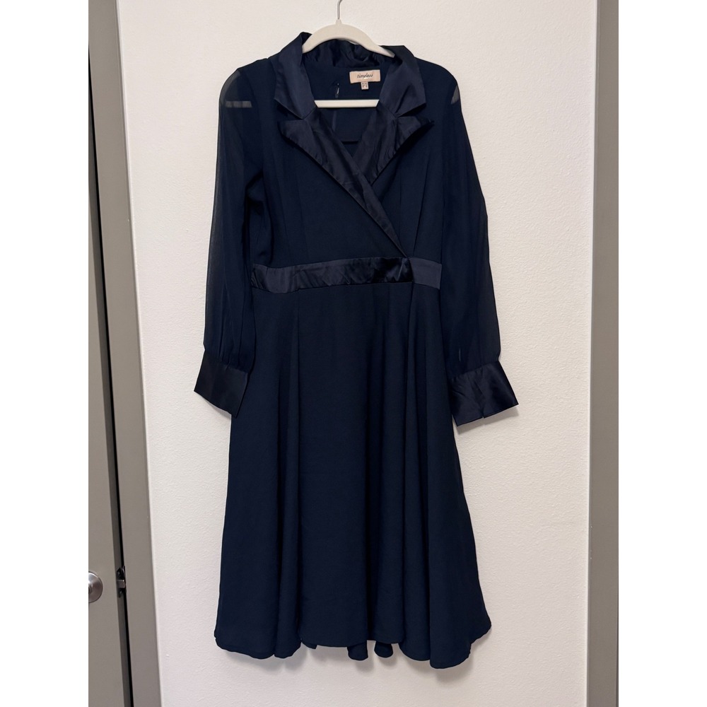 Timeless London Navy Blue Satin Trim Long Sleeve Fit Flare Midi Dress 10 a3